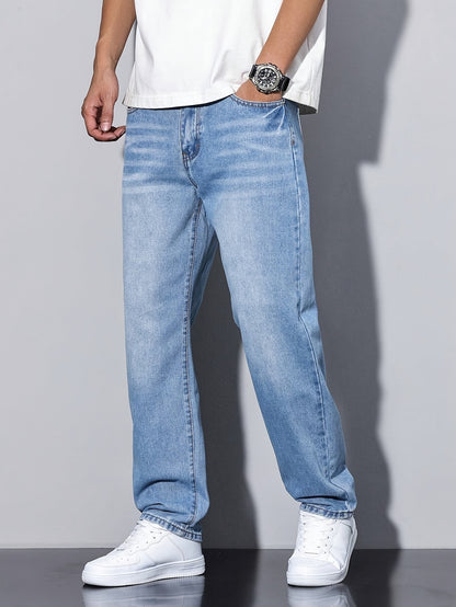 Men'S Casual Loose Fit Denim Jeans, 88.5% Cotton 8.5% Polyester 3% Rayon, All-Season Solid Color Washed Fabric, Regular Length, Non-Stretch Woven Denim Pants