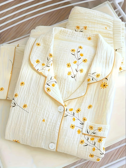 Sweet Floral Print Textured Pajama Set For Fall & Winter, Long Sleeve Button Up Lapel Collar Top & Elastic Pants, Women's Sleepwear & Loungewear