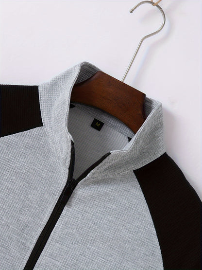 Men's Sporty Color Block Zip-Up Jacket & Joggers Set - Polyester Blend, Perfect for Spring/Fall