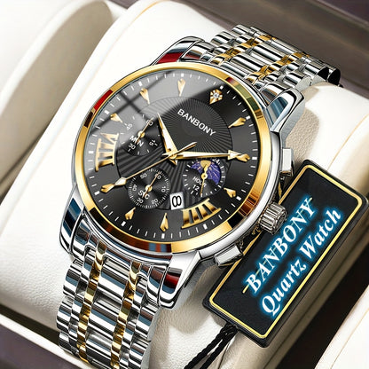 BANBONY Automatic Quartz Watch for Men & Women - Stainless Steel Strap, Blue & Golden HD Large Dial, IPX7 Waterproof, Rhinestone Accents, Date Calendar, Luminous Hands - Casual Fashion Unisex Watch for Birthday Holiday Gifts,