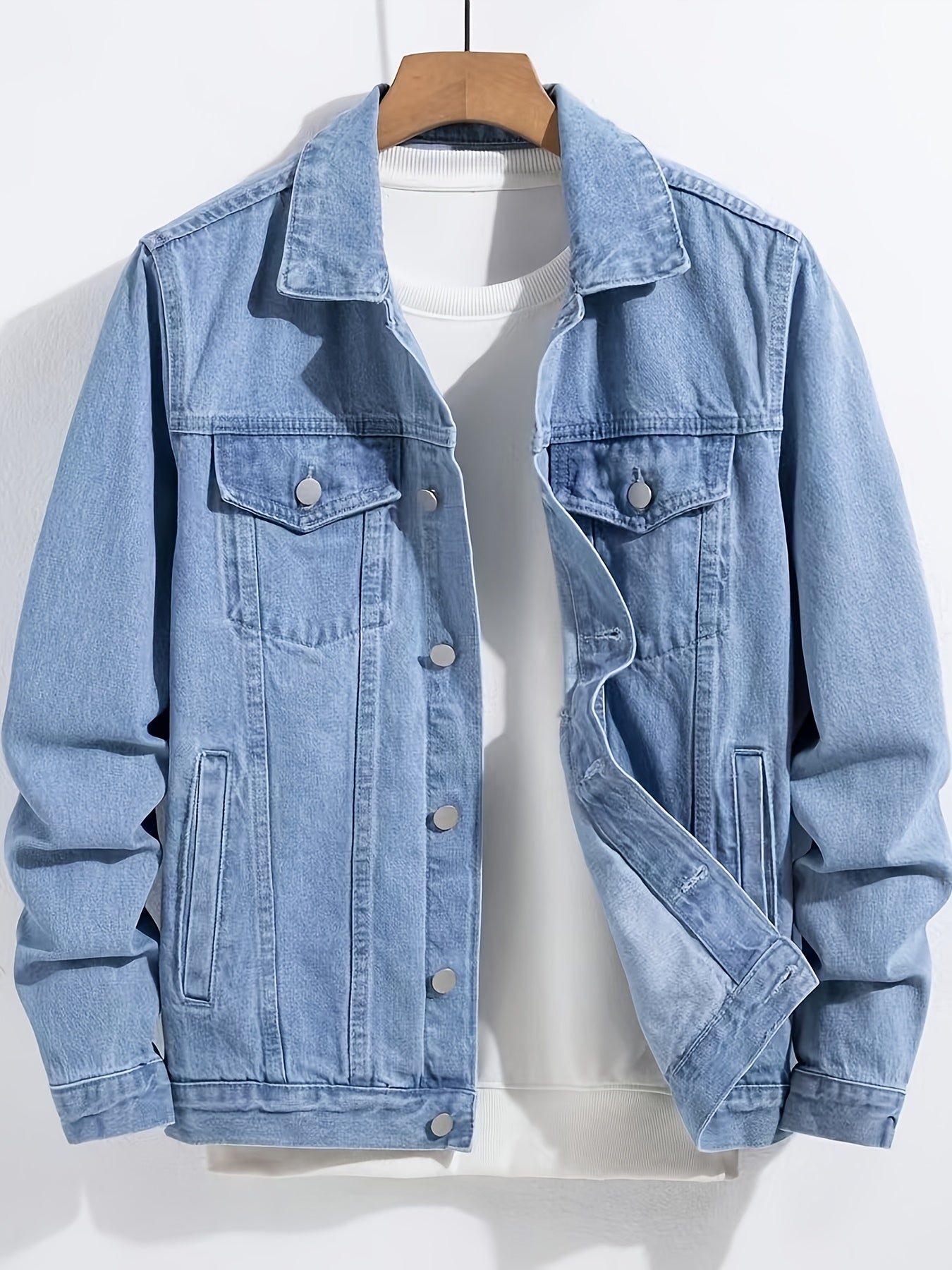 1pc Men'S Casual Slim-Fit Cotton Denim Jacket, Solid Color Lapel Collar with Pockets, Woven Non-Stretch Fabric, 80% Cotton 20% Polyester