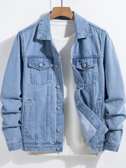 1pc Men'S Casual Slim-Fit Cotton Denim Jacket, Solid Color Lapel Collar with Pockets, Woven Non-Stretch Fabric, 80% Cotton 20% Polyester