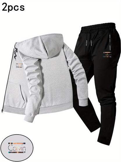 Men'S Trendy Fall/Winter Hooded Jacket Two-Piece Set Calvin Print, Casual Youth Casual Sports Jacket Set
