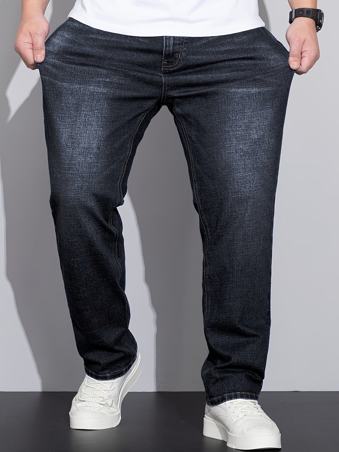 Men's Plus Size Loose Fit Stretchy Cotton Denim Pants, Lightweight Business Casual Jeans For All Seasons