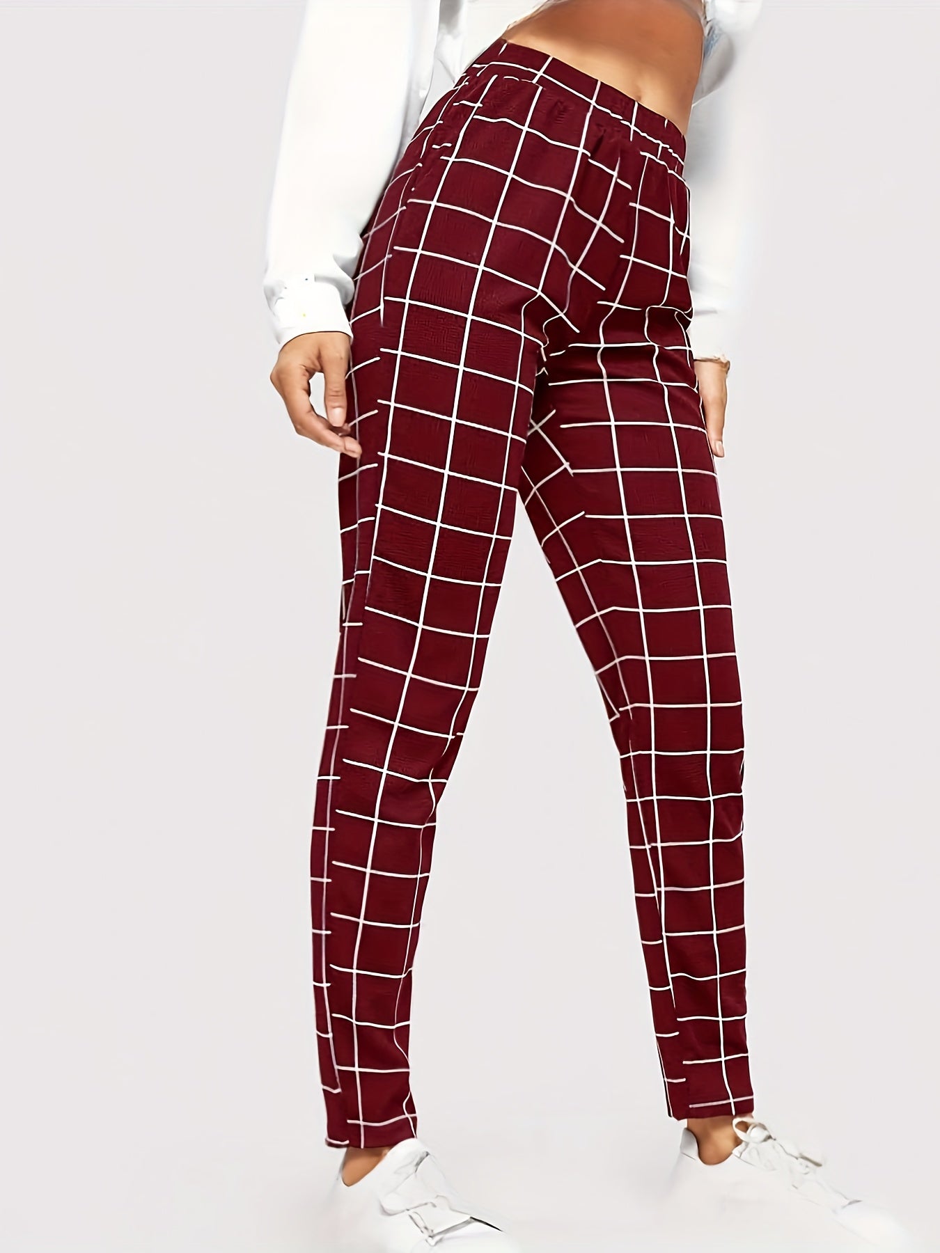 Plaid Print High Waist Pants Elegant Straight Leg Slants Pockets Pants, Women's Clothing