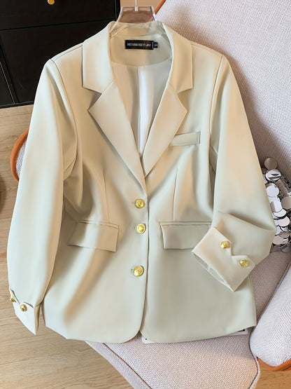Chic Light Blue Slim-Fit Blazer կանանց համար. Նորաձև երկարաթև աշխատանքային գրասենյակային վերնազգեստ ոսկե կոճակով, էլեգանտ պոլիեսթեր գործվածք, կատարյալ գարնան և աշնան համար
