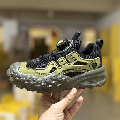 Boys' Breathable Mesh Sneakers with Rotating Button Closure - Lightweight EVA Sole, Durable PU & Fabric Upper, All-Season Outdoor Hiking Shoes for (Black/Green/Red Accents)