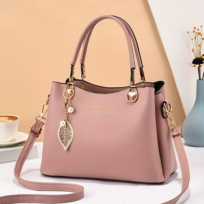 Elegant Wo 's Handbag with Detachable Shoulder Strap, Golden-Tone Hardware & Chic Leaf Charm - Stylish White Satchel for Everyday Use, Casual Chic Bag | Stylish Charm Handbag | Bag