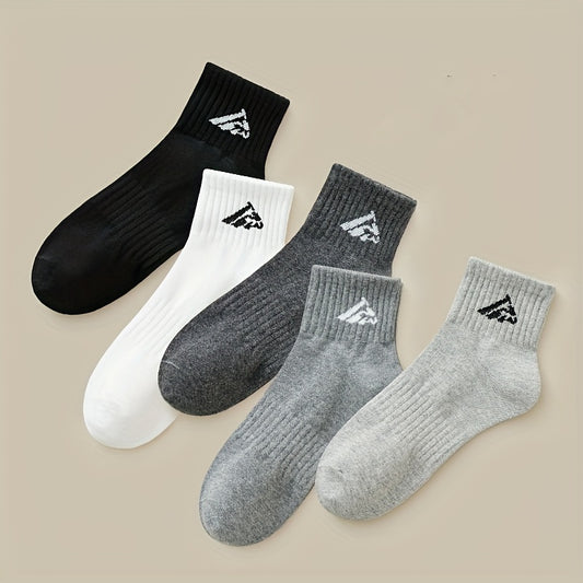 Mountain Pattern 5 Pairs Solid Men's Crew Socks, Breathable Comfy Casual Socks Versatile Fashion Sports Socks For Outdoor Fitness Basketball Running