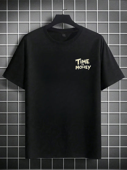 Men'S Casual Short Sleeve T-Shirt with "Time is Money" Clock & Stack of Cash Graphic - Lightweight Polyester, Loose Fit, Round Neck, Perfect for Spring & Summer Outdoor Wear, Relaxed Fit Shirt | Bold Graphic Tee | Glossy Text