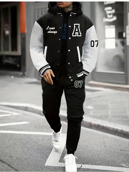 Men'S A07 Sporty Casual Baseball Outfit - Black & White "A" Print Jacket with Pockets, Matching Pants, Polyester Blend, Fall/Winter Wear, Casual Sportswear | Letter Print Jacket | Knit Construction, Baseball Attire