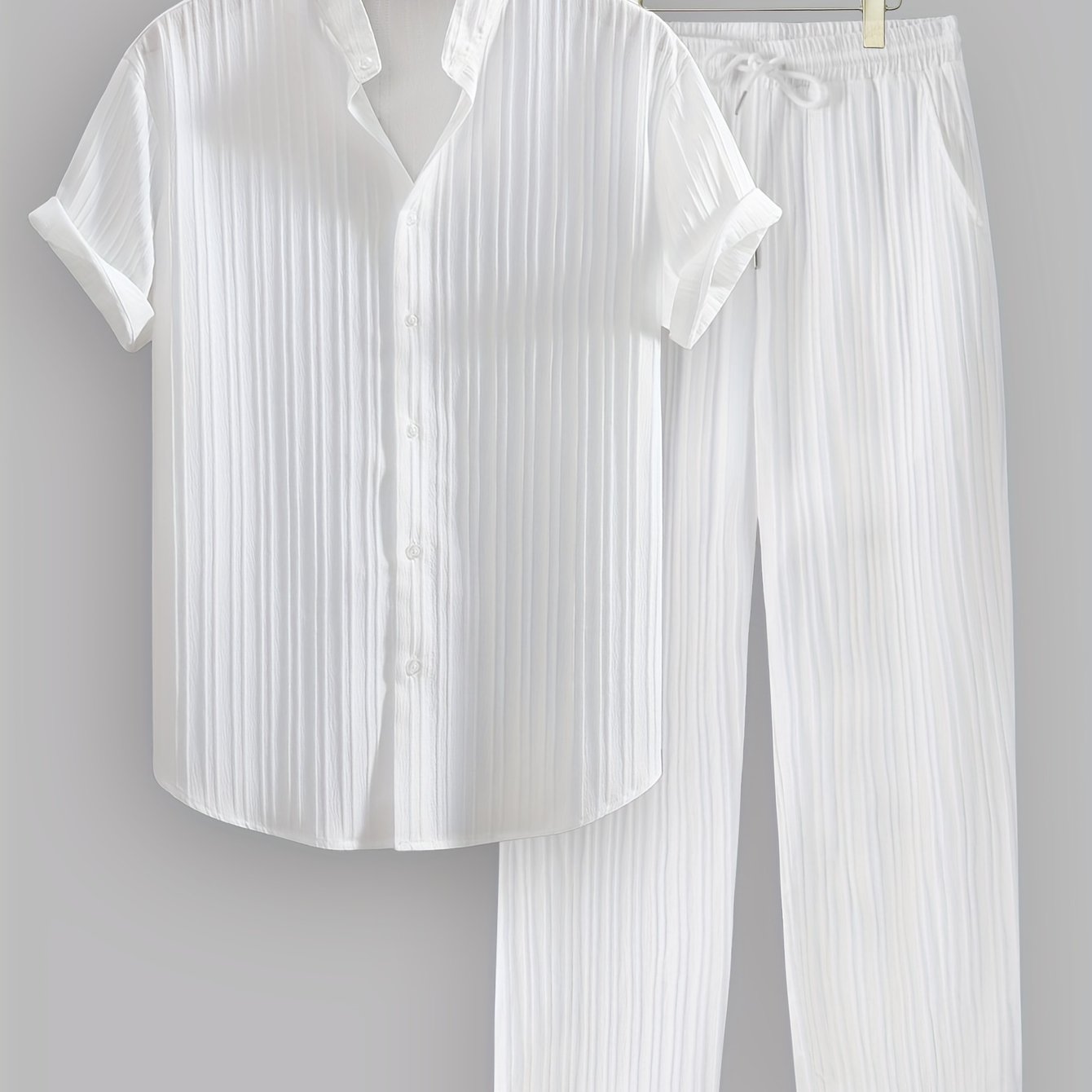 2pcs Men's Summer Casual Striped Polyester Outfit Set, Short Sleeve Stand Collar Shirt and Drawstring Pants, Non-Stretch Woven Fabric, Regular Fit for Daily Wear and Beach Vacation, Plain Color, Beach Vacation