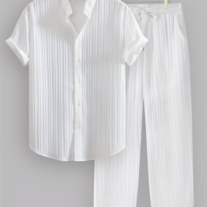 2pcs Men's Summer Casual Striped Polyester Outfit Set, Short Sleeve Stand Collar Shirt and Drawstring Pants, Non-Stretch Woven Fabric, Regular Fit for Daily Wear and Beach Vacation, Plain Color, Beach Vacation