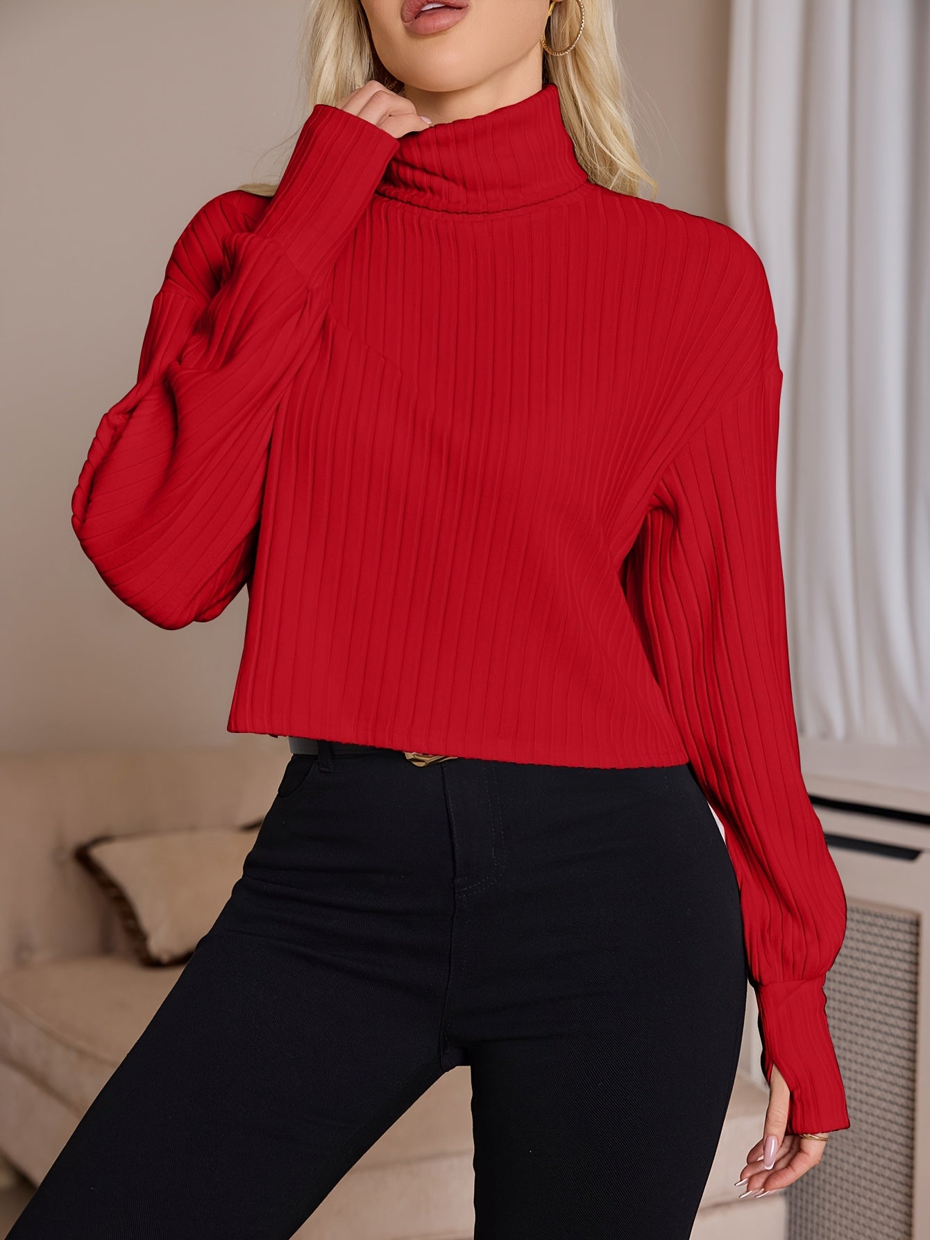 Women'S High Neck Knit Turtleneck T-Shirt, Solid Color Polyester 95% Spandex 5% Blend, Short Length, Fall/Winter Collection, 210g/m² Knit Fabric