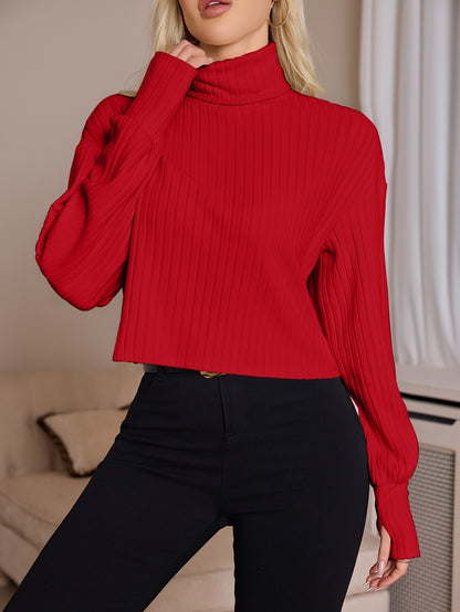 Women'S High Neck Knit Turtleneck T-Shirt, Solid Color Polyester 95% Spandex 5% Blend, Short Length, Fall/Winter Collection, 210g/m² Knit Fabric