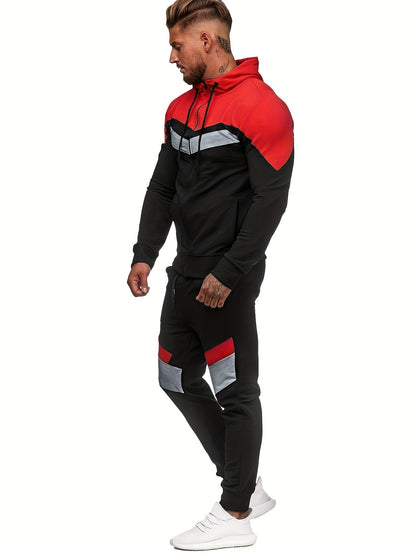Men'S Autumn and Winter Fleece Sweatshirt Set with Hooded Drawstring Patchwork Sweatpants Casual Sporty Style Long Sleeve Jacket