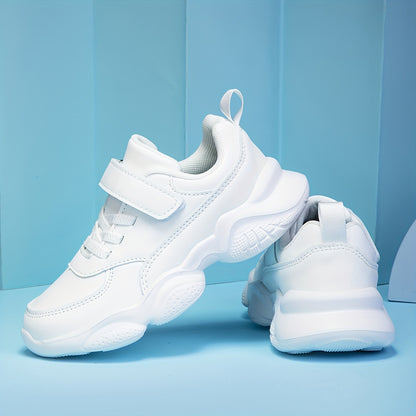 Youngsters' White Chunky Sneakers - Adjustable Hook-and-loop Fastener Strap, Easy Slip-On, Non-Slip EVA Sole, Comfortable Lining, Versatile for School and Sports, All-Season Wear, School Sneakers|Trendy Chunky Sneakers|Durabl