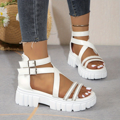 Women'S Summer Chunky Platform Sandals - Open-Toe Design with Adjustable Buckle Straps, White Faux Cover & Thick TPR Sole for Beach, Casual & Everyday Wear, Strappy Sandals, Beach Footwear, Stylish Footwear, Durable Footwear
