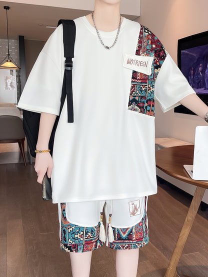 2pcs Men's Summer Casual Outdoor Set, Fashion Ethnic Style Round Neck Short Sleeve T-Shirt and Shorts Suit with Embroidery Design Loose Fit, Short Sleeve + Drawstring Shorts Combo, Suitable for Summer Outdoor Activities