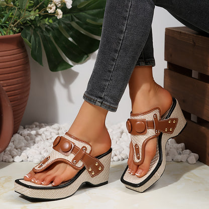 Women's Thick Platform Wedge Sandals with Metallic Studs - Slip-On Square Toe Breathable Fabric Upper & Cushioned Rubber Sole for Casual Comfort, Comfortable Footwear, Chic Shoe Design, Durable Traction Footwear