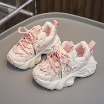 Youngsters' Breathable Mesh Sneakers with Closure - Soft EVA Sole Low-Top Casual Shoes for Youngsters & Youngsters, Lightweight All-Season Comfort, Round Toe Design (Black/White, Pink/Beige, Beige/White), Kid Shoes