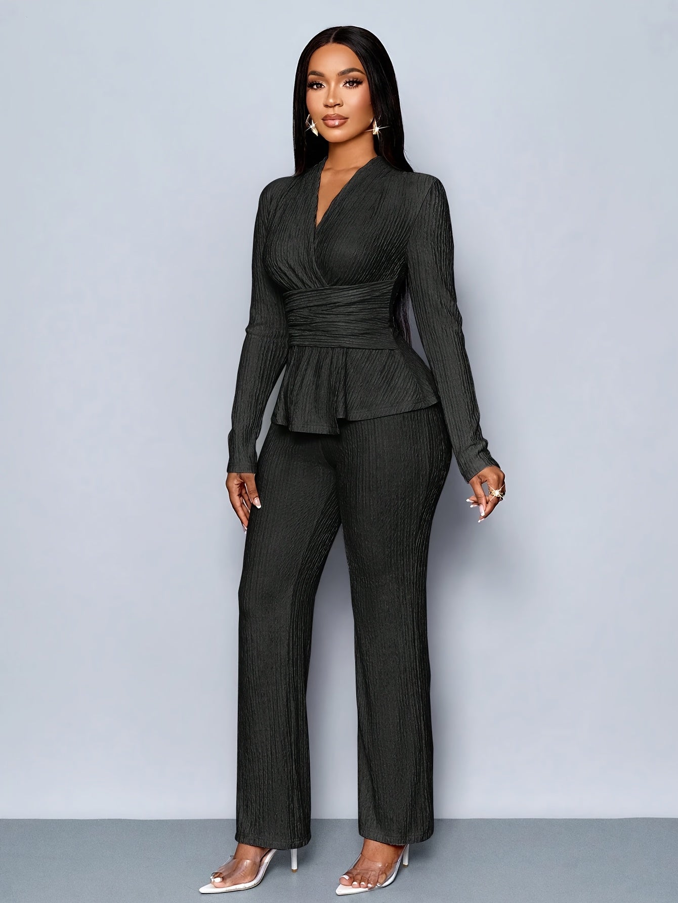 Women'S Elegant Beige Two-Piece Suit with V-Neck and Long Sleeves, Asymmetrical Hem, Wide Leg Pants, and Clutch - Perfect for Office or Casual Wear, Casual Attire|Elegant Two-Piece Set|Asymmetrical Hemline