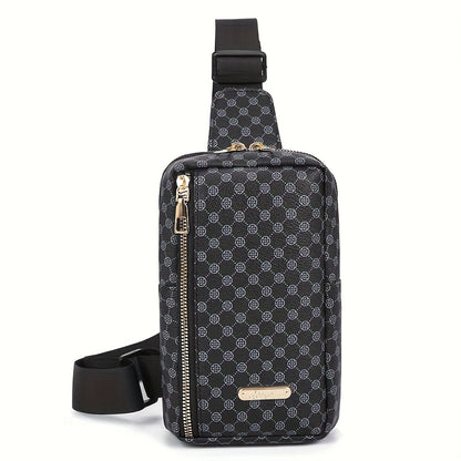 Men'S Classic Black PU Crossbody Bag with Geometric Pattern, Key Holder, Zipper Closure, Polyester Lining, Urban Style, Commuter Bag|Geometric Pattern Bag|Zippered Closure Bag