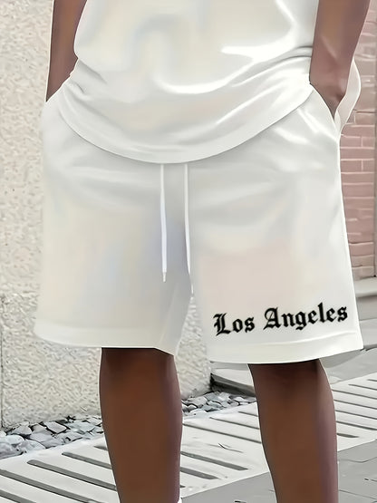 Men'S Los Angeles Graphic Print Casual Sportswear Set - Breathable Summer Short Sleeve T-Shirt & Drawstring Shorts with Pockets, Regular Fit, Crew Neck, Comfortable & Stylish for Casual Attire, Leisure Clothing | Trendy Sport