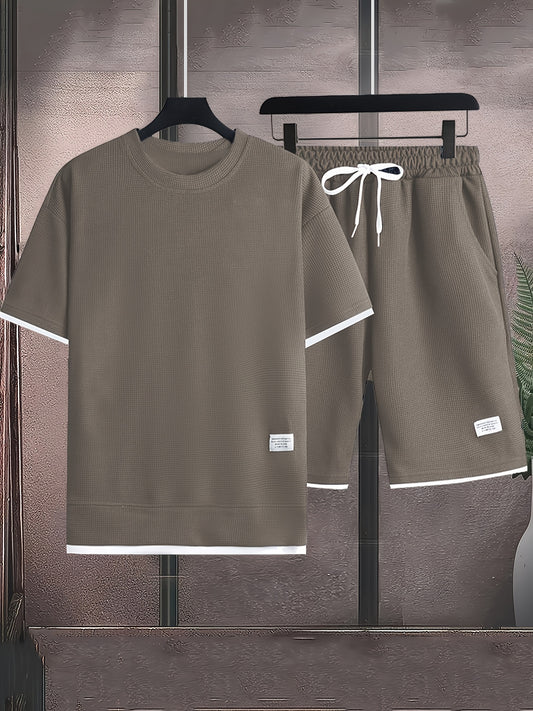 Waffle short-sleeved T-shirt Men's casual sports suit summer loose fake two-piece half-sleeve T-shirt set