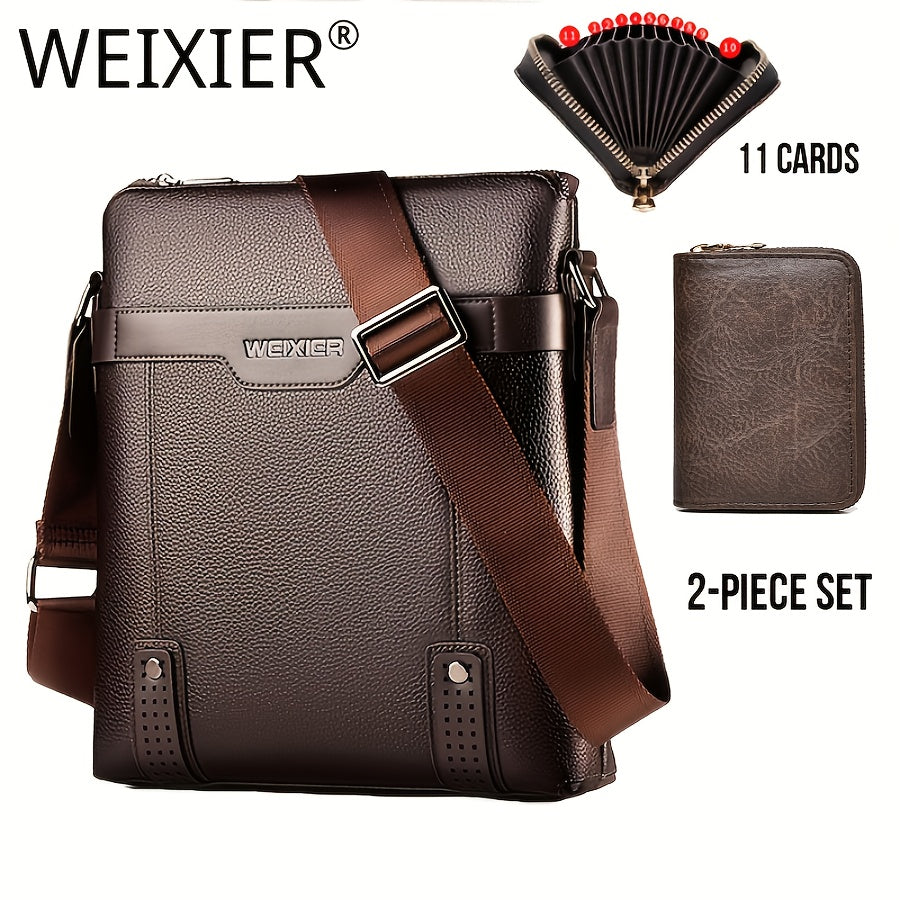 WEIXIER Men's Fashion Crossbody Bag - Adjustable Strap, Faux Leather, Deep Brown | Casual Street Style Shoulder Bag for Outings