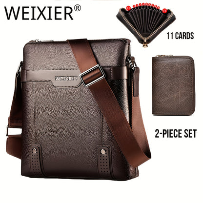 WEIXIER Men's Fashion Crossbody Bag - Adjustable Strap, Faux Leather, Deep Brown | Casual Street Style Shoulder Bag for Outings