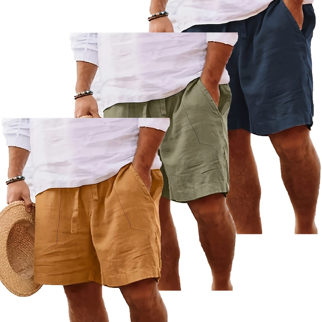 Men's Summer Cotton Drawstring Elastic Waist Straight-Leg Solid Color Breathable Casual Beach Shorts - 3pcs