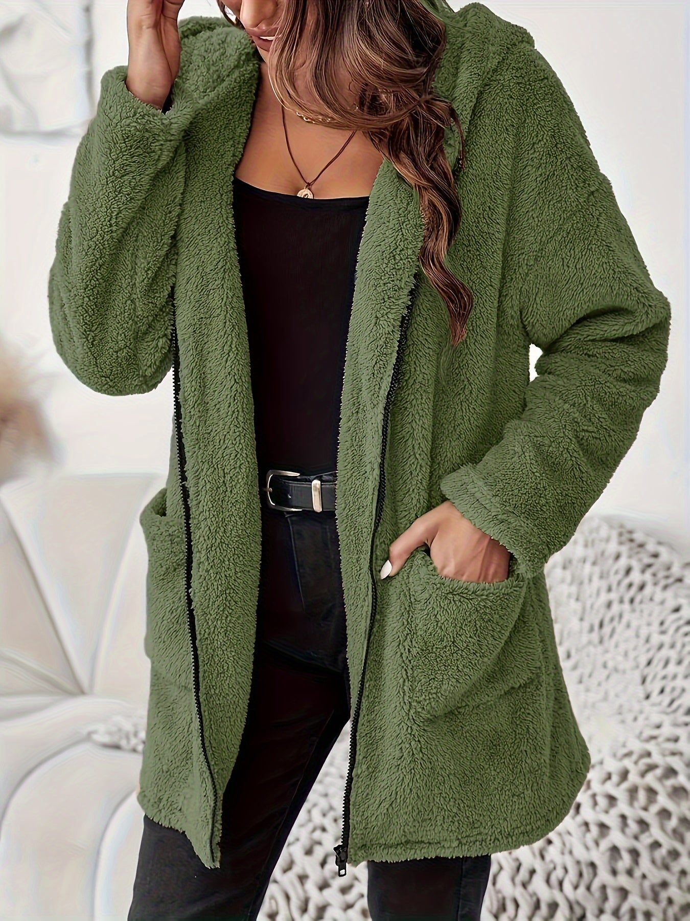 Women's Winter Elegant Solid Color Zipper Patch Pocket Long Sleeve Plush Hooded Coat