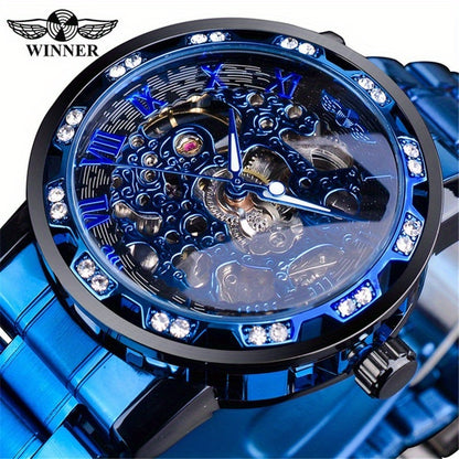 Fashion Classic Roma Watch Men Luxury Golden Skeleton Mechanical Hand Watches Casual Business Wristwatches Men Blue & Golden Accents, Casual Yet Versatile, Best Seller, Ideal Gift, Mechanical Movement, Watch Accessories, With