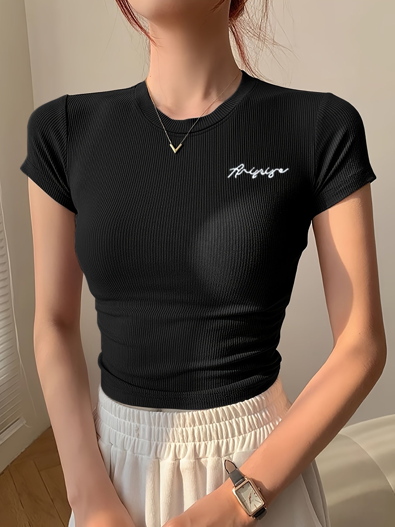 Women's Summer Slim Fit Short Sleeve T-Shirt - High Elasticity Breathable Fabric with Black Letter Embroidery, Versatile Casual & Office Wear, Elegant Collection, Cute Short Sleeve Tops, Everyday Comfort Tee, Slim Fit Tee, Sm