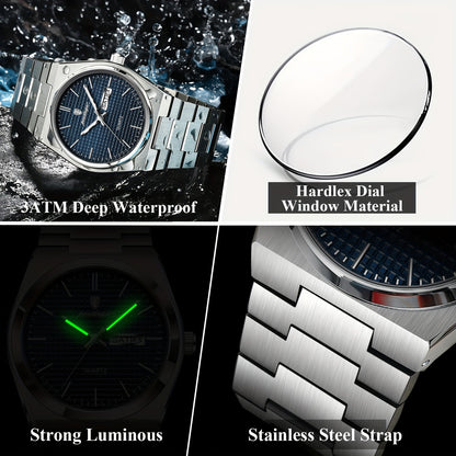 POEDAGAR Elegant Women'S Quartz Watch, Luminous Calendar, Stainless Steel Band, Round Alloy Case, Fashionable Night-Glowing Dial with Blue & Orange Accents