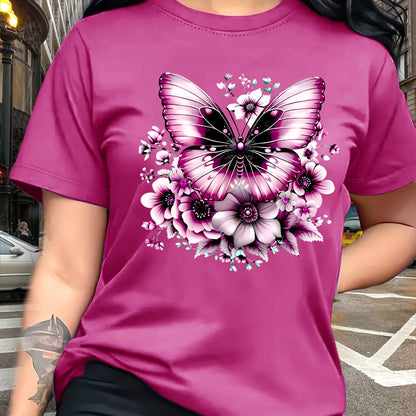 Circle Chic Butterfly Print T-Shirt - Exquisite Design, Casual Round Neck Top - Breathable and Lightweight, Perfect for Spring/Summer Wardrobe