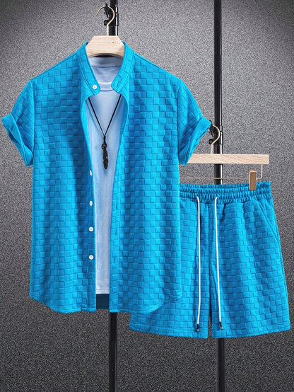 Men'S Casual Athletic Short Sleeve Shirt & Drawstring Shorts Set - Navy Blue, Lightweight Polyester, Perfect for Beach, Camping, and Outdoor Activities, Beach Attire | Stylish Casualwear | Lightweight Fabric