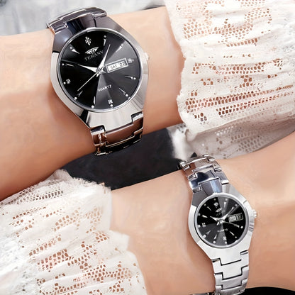 2pcs Couple Watches for Men & Women - Stainless Steel Strap, Rhinestone Accents, Luminous HD Display with Week Calendar, Quartz Movement, Elegant Gift for Valentine's Day, Mother's Day, Father's Day, Special Occasion Watch |