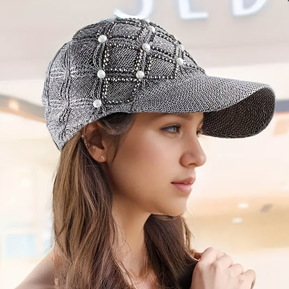 Women'S Adjustable Four-Leaf Clover Faux Pearl Baseball Cap - Breathable Mesh Summer Hat with Snap Closure, Stylish Black Design for Spring/Summer, Summer Headwear | Fashionable Headwear | Mesh Fabric Ca