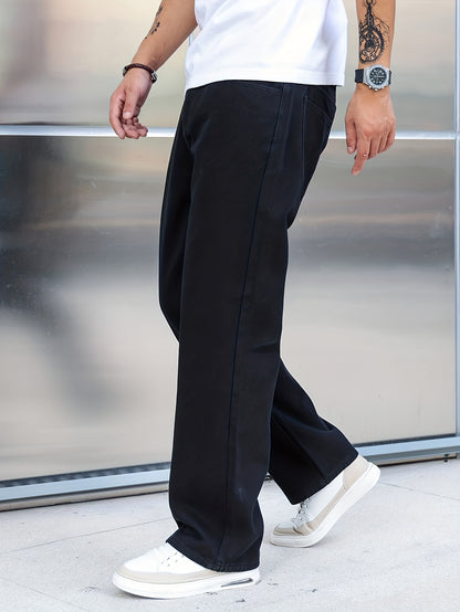 Men's Loose Fit Wide Leg Jeans, Street Style Stretch Casual Pants
