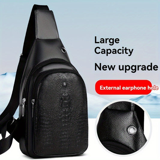 Men's Stylish Black PU Leather Sling Bag - Large Capacity Lightweight Crossbody Chest Pack with Embossed Design & External Earphone Hole for Casual Outings, Crossbody Bag