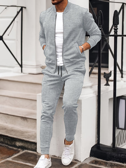 Men'S Casual Polyester Sweatsuit Set with Baseball Collar and Slight Stretch - Solid Color Long Sleeve Knit Fabric Track Suit for Fall/Winter