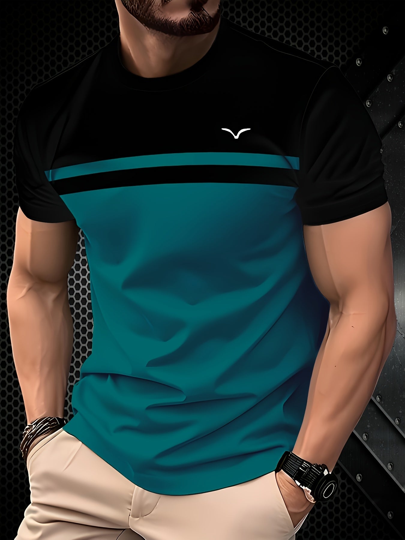 [Casual Chic] Men'S Casual Color Block T-Shirt - Short Sleeve, Round Neck, 3D Print, Lightweight 150g/㎡ Polyester, Stylish Teal & Black Stripe Design for Casual Attire, Versatile Tshirt | Modern Casualwear | 3D Print Shirt,