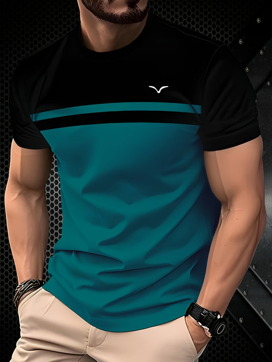 [Casual Chic] Men'S Casual Color Block T-Shirt - Short Sleeve, Round Neck, 3D Print, Lightweight 150g/㎡ Polyester, Stylish Teal & Black Stripe Design for Casual Attire, Versatile Tshirt | Modern Casualwear | 3D Print Shirt,