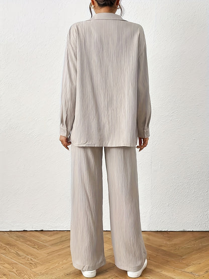 2pcs Women Spring & Autumn Casual Solid Color Long Sleeve Shirt And Pants Set