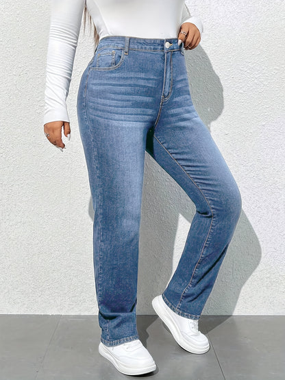 Women'S High-Waisted Straight Leg Jeans, 68.5% 25.7% Polyester 4.3% Viscose 1.5% Elastane, Casual Skinny Fit Denim Pants with Zipper Fly, All-Season Solid Color, 300g/m² Fabric Weight, Long Length - No Belt Required