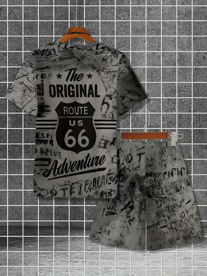 Men's Printed Short Sleeve T-shirt + Shorts Set Casual Sports Suit Breathable Outdoor Leisure Men's T-Shirt Five-Pants Set Summer 3D Printing Set Adult Male