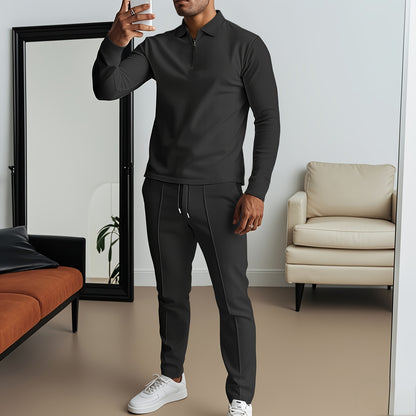 2025 collar half zipper long sleeved two-piece set, collar zipper allows for free breathing, casual pants to wear, knitted fabric is softer, multi color and multi style, Men's solid color is simple and not simple.