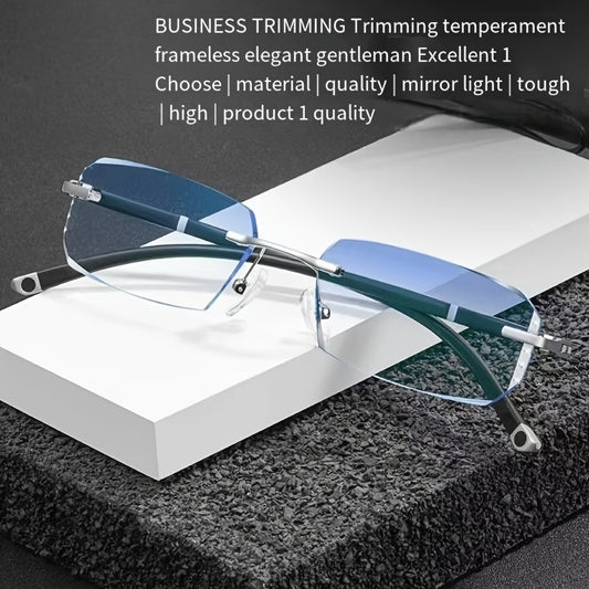 Vintage style frameless Men's glasses use ABS resin lenses, polycarbonate frames and blue light filtering function. They are elegant and casual Men's glasses gifts. Color-changing glasses + anti-blue light glasses, 2pcs in to
